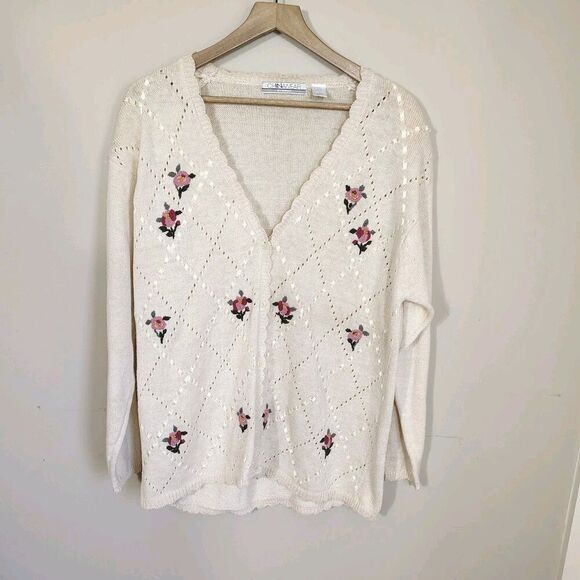 Chinawear Sweaters - Vintage Womens Romantic Floral Embroidered Cardigan Size L Knit Coquette
